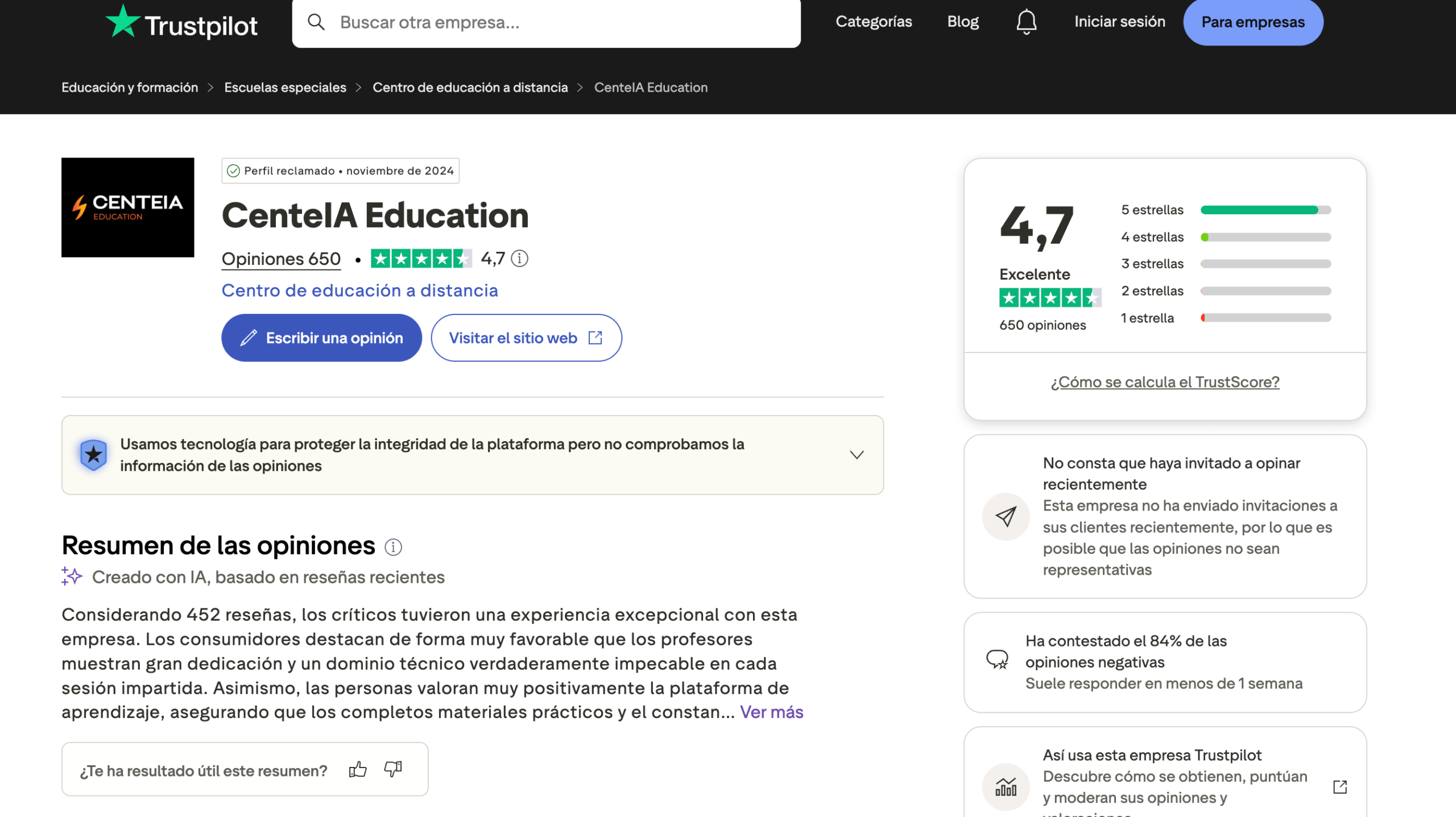 opiniones de CenteIA en Trustpilot